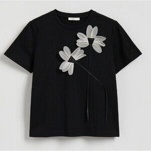 Reserved Black T-Shirt with White Floral Accents